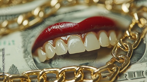 Closeup of Red Lips and Gold Chain on Dollar Bill