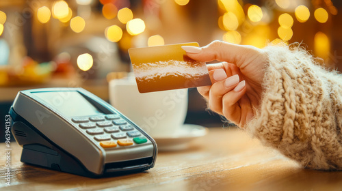 Warm Holiday Purchase: A woman in a cozy sweater makes a contactless payment at a festive cafe, her credit card hovering above the terminal amidst twinkling lights and holiday cheer. 