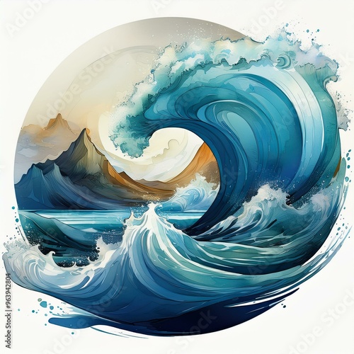 Artistic illustration of a large ocean wave with curling foam, set against a backdrop of mountains and a serene sky.