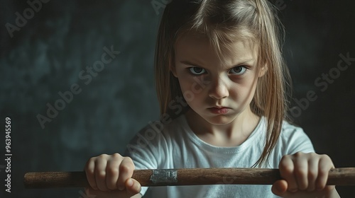 Caucasian girl with blonde hair gripping wooden stick looking scared and upset in dark room