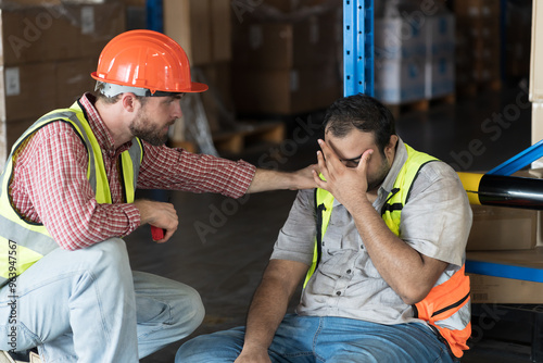 Male warehouse worker get accident at work in warehouse. Worker tired and thirst of water in warehouse. Health safe of work and safety first concept