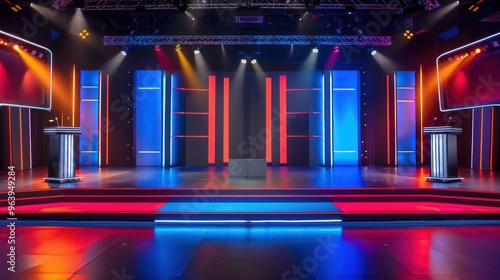 Elaborate game show set with podiums buzzers and audience for contestants. Concept Game Show, Set Design, Podiums, Buzzers, Audience Participation 