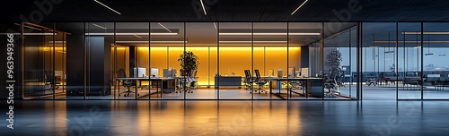 Modern Office Space with Ambient Lighting and Glass Walls