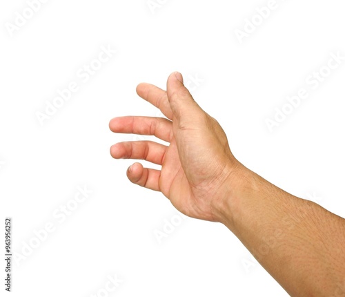 A man's hand extended forward, as if I was about to grab something. or about to help isolated on white background.