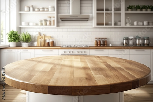 Empty wooden round table in modern kitchen