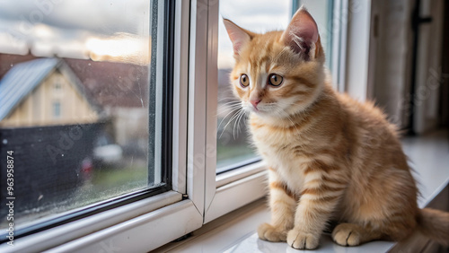 A ginger kitten, sitting on the windowsill, looks out the window attentively, seeing the outside world.