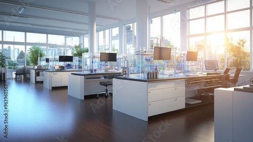 A modern physics lab with transparent experiment setups and glowing theoretical models style