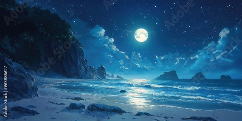 Mystical Moonlit Beach Landscape with Glowing Waves and Starry Sky