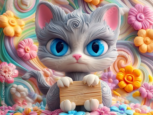 Adorable 3D Cartoon Cat with Blue Eyes and Pink Ears Sitting on Colorful Background Surrounded by Flowers Holding Wooden Sign in Farm Yard