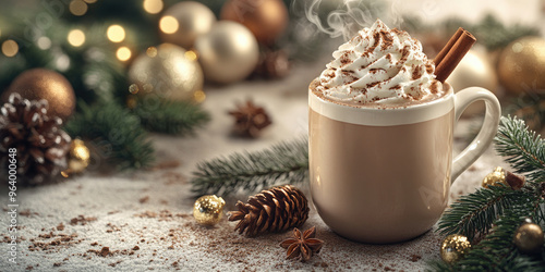 Steaming mug of hot chocolate with whipped cream, cinnamon, and cocoa powder on a rustic table, surrounded by festive christmas decorations and twinkling lights