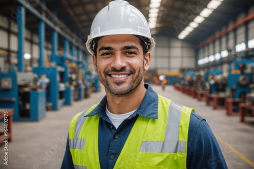 Portrait smiling Professional mechanical engineering hispanic male in white safety hard hat helmet and look at camera at metal factory