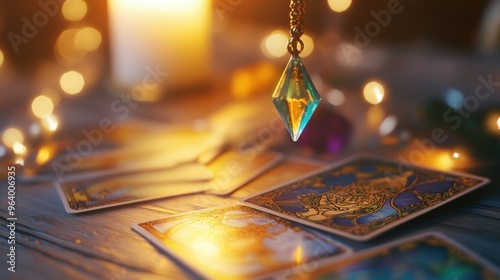 Tarot cards and a pendulum in motion, with detailed tarot cards, a crystal, and soft candlelight