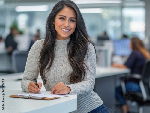 attractive hispanic woman in her late thirties, wearing business casual attire and smiling