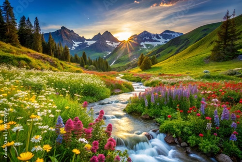 Alpine meadows mountain air dances with wildflowers, petals shimmering like stardust, as a hidden stream babbles a gentle melody.