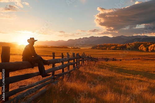 A cowboy sitting on a fence at sunset, overlooking a vast landscape in the mountains during autumn