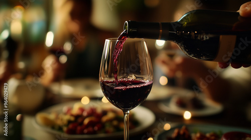 Close-up of a glass of red wine being served at a family Christmas or Thanksgiving dinner. Table with food and family together celebrating and happy. Bokeh background. Warm and cozy atmosphere.