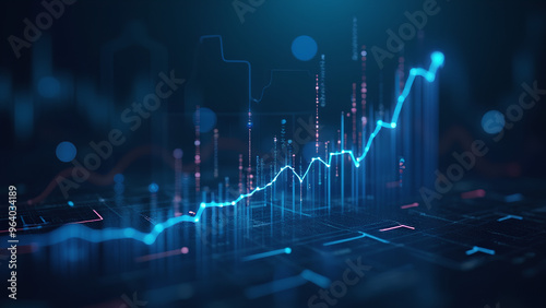 Perspective view of stock market growth business investing and data concept with digital financial chart graphs diagrams and indicators on dark blue blurry background