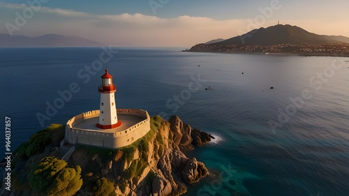 View from flying drone. Aerial spring view of Milazzo lighthouse. Gorgeous morning scene of Milazzo peninsula. Stunning sunrise on Sicily, Italy, Europe. Beauty of nature Generative AI