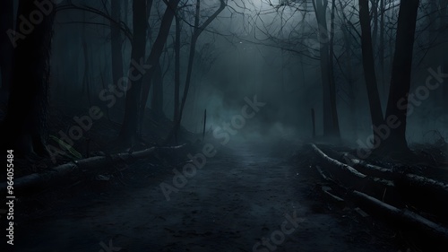 A dark scary forest with mist and smoke .