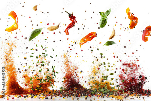 dynamic motion blur, splashes of seasonings in the air,