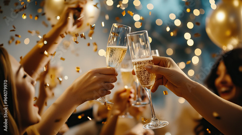 Vibrant New Year's Eve party with champagne toast and confetti