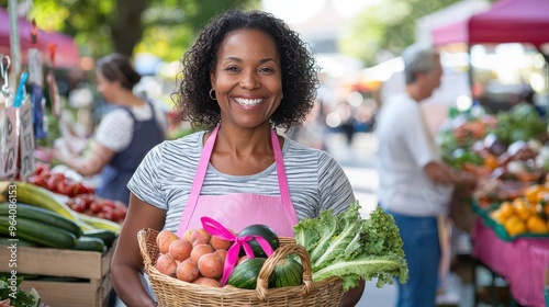 A smiling woman holding a basket of fresh produce at a local farmers market, wearing a pink ribbon apron, the market is lively with vendors and shoppers, representing the importance of healthy eating