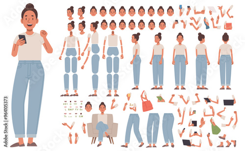 Girl character constructor. Young woman in casual clothes. Set of different positions of hands, legs, head for creating animation