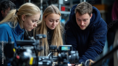 Three aspiring filmmakers work together in a studio, discussing ideas while examining camera equipment and preparing for an upcoming project creatively