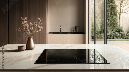 A sleek, modern loft kitchen with a black glass induction stove and integrated hood or an aspiring induction stove on marble light stoneware countertop panels accompanied by a floral arrangement