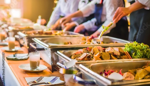 people catering buffet food indoor restaurant on table with drinks, meat, vegetables; blurred background