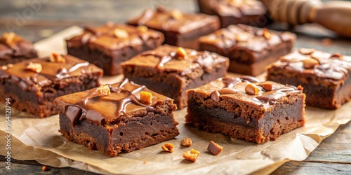 Freshly baked brownies with toffee chunks being cut into pieces on parchment paper with a knife