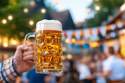 October Man in traditional Bavarian lederhosen hoisting a frothy beer mug, brewing concept, bar culture and traditional celebrations, illustration of beer with plant components, free space for text