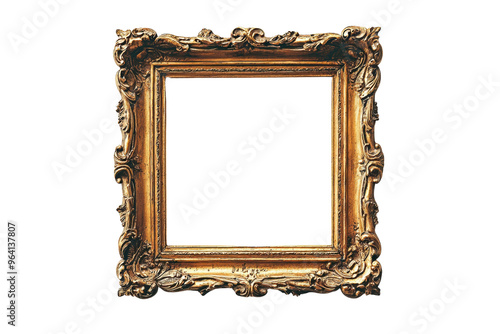 Elegant, ornate golden frame with intricate carvings, perfect for classic art or photography, isolated on a transparent background.