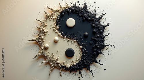 Abstract disrupted yin and yang design with splatter effect