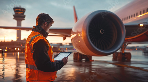 An airport worker wearing a reflective vest uses a tablet to inspect a parked airplane at sunset. The jet engine is visible