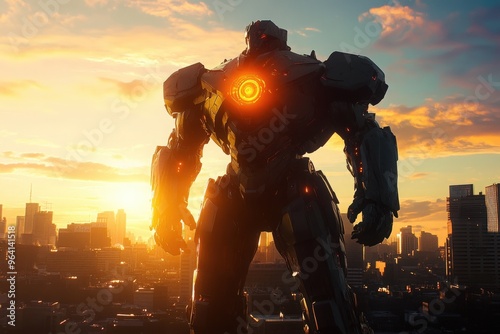 A futuristic battle mech standing tall in a city’s ruined landscape. The mech, with sleek, armored plating and glowing energy cores, is preparing for an imminent clash, while an anime-style sunset 