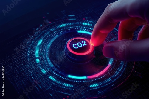 Carbon dioxide emissions control concept. Reduce CO2 level. Wireframe hand turning a carbon dioxide knob button to the minimum position. CO2 reduction or removal concept