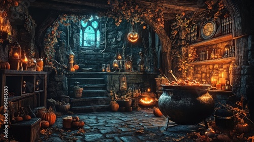 lair scene with black cat and cauldron