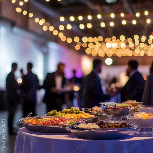 Food on a table at a corporate event with blurry background.