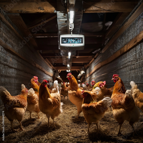 A large chicken farm with many white chickens. There is an electronic screen on the wall displaying real-time data of each egg-laying hen, and several digital display boards