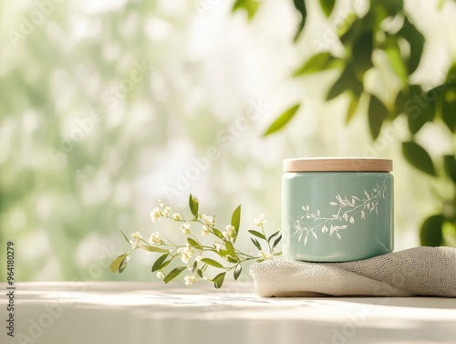 Elegant floral-themed candle in a teal container on a white surface, with blurred greenery background, perfect for a calming atmosphere.