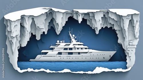 Experience luxury tourism through a cut illustration featuring a yacht amid icy cliffs