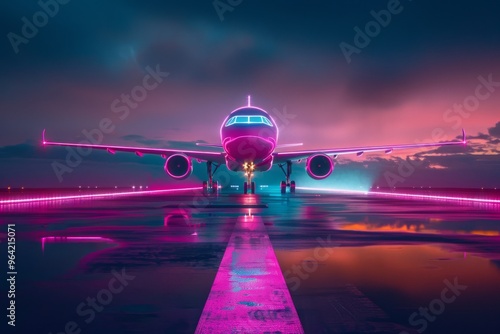 An airplane adorned with neon lights is poised on a rain-slicked runway at dusk, merging technology with a futuristic ambiance.