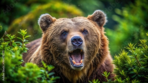 A Close-Up Of A Majestic Brown Bear Grunting Ferociously, Surrounded By The Lush Greenery Of The Wilderness