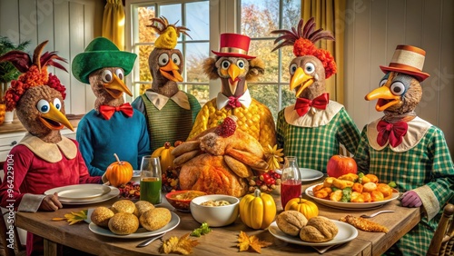 A Group Of Costumed Turkeys In Comical Poses Gather Around A Table Laden With Thanksgiving Dinner.