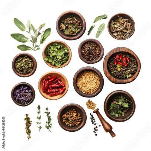 An assortment of dried spices and herbs in wooden bowls, featuring colorful ingredients like chili, pepper, seeds, and leaves, highlighting natural and healthy cooking elementsAn assortment of dried.