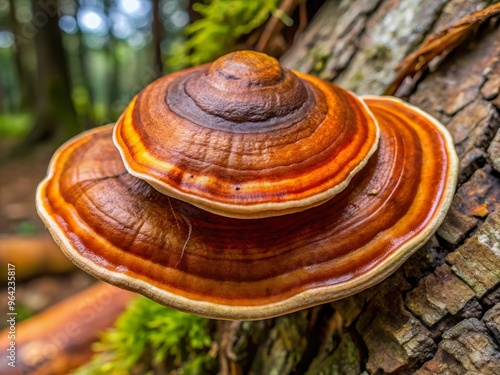 "Twisted, cinnamon-brown fungal sporophore of Ganoderma tsugae, a saprotrophic species found on conifer logs, with smooth, waxy cap surface and stipe with short, pointed scales."