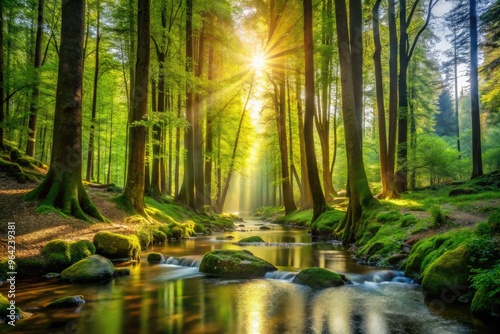 A Serene Photograph Capturing The Majestic Beauty Of A Pristine Forest With Towering Trees, Dappled Sunlight, And A Babbling Brook, Embodying The Divine Presence Of Nature.