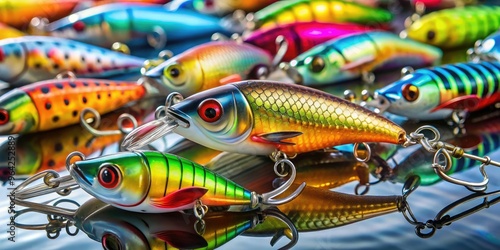 Close-Up Of An Assortment Of Colorful Fishing Lures With Realistic Details And Sharp Hooks, Arranged On A Reflective Surface.