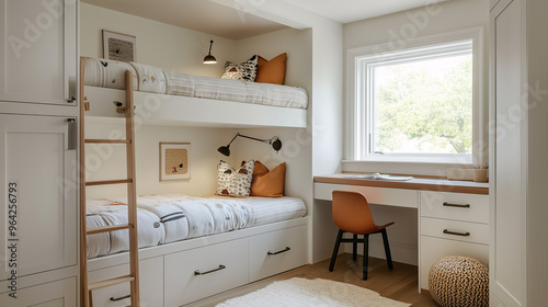 A small kids’ room with a bunk bed that includes a built-in desk and drawers, maximizing play area and storage space